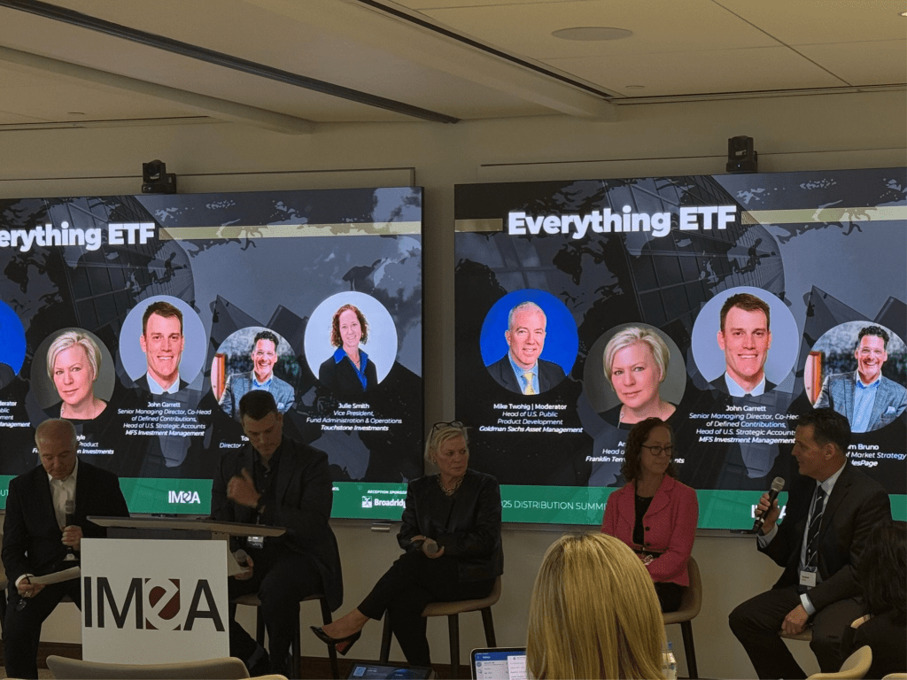 IMEA Distribution and Product Council session on Everything ETFs featuring panelists including Tom Bruno, Julie Smith